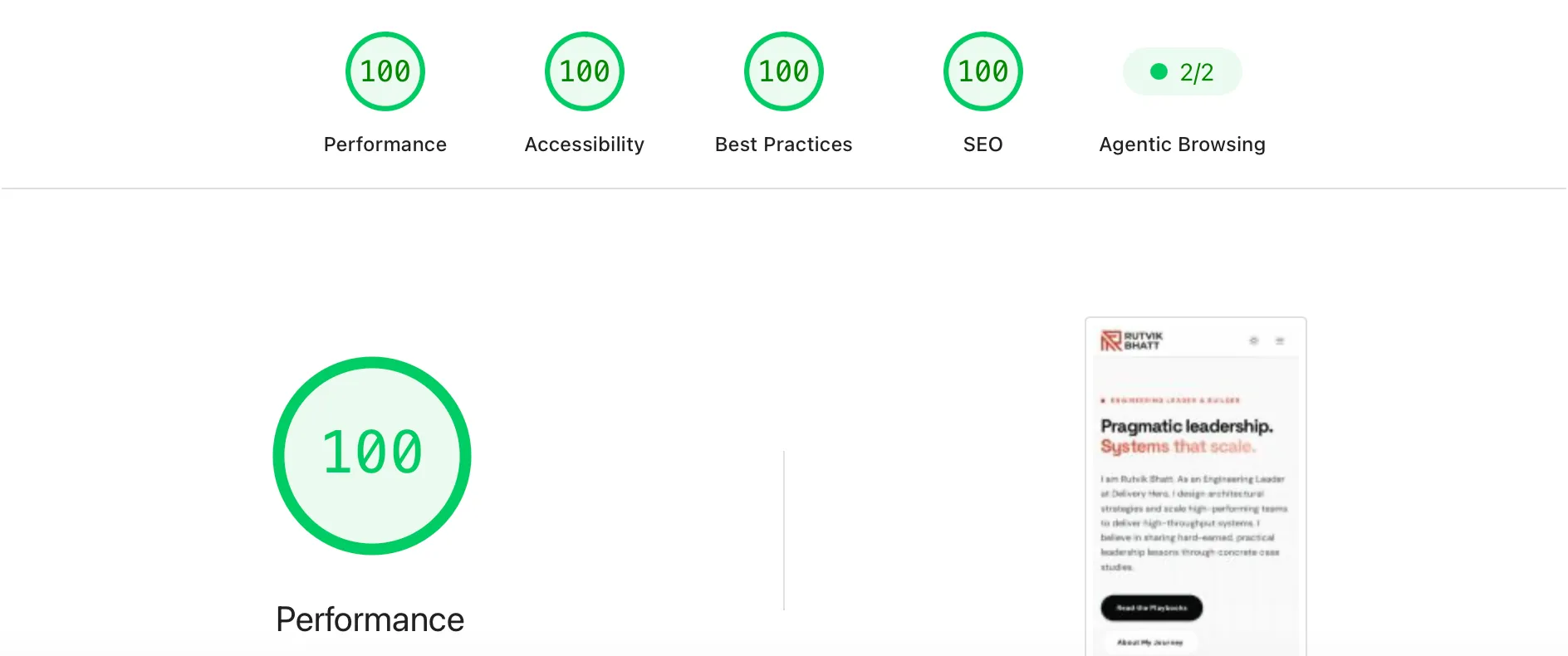 Google PageSpeed Insights showing perfect 100 scores in all categories