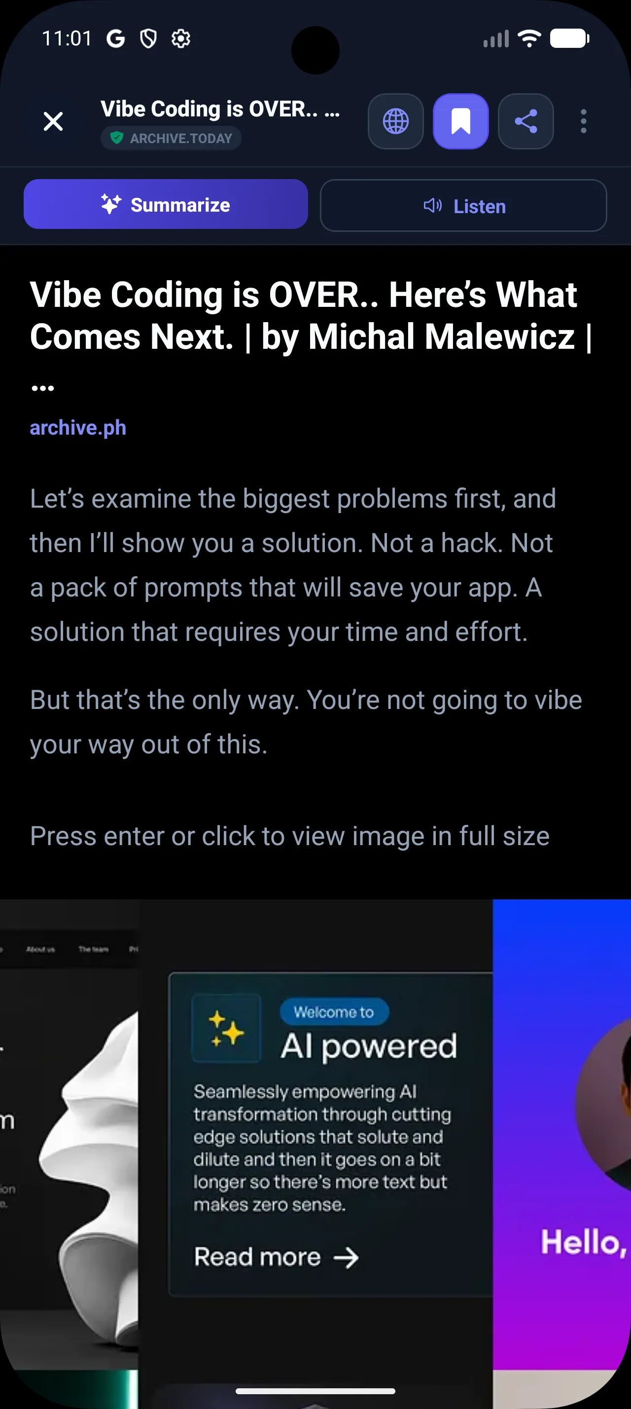 Native Reader View showcasing clean typography and dark mode